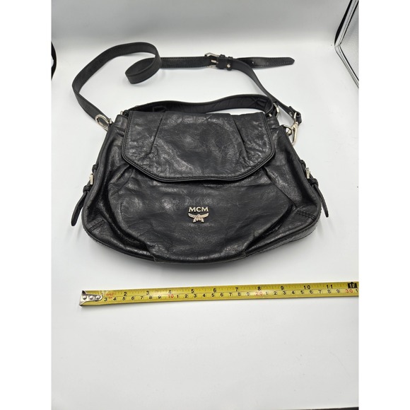 MCM Black Leather Shoulder Bag Crossbody Convertible Designer Purse - Picture 9 of 10